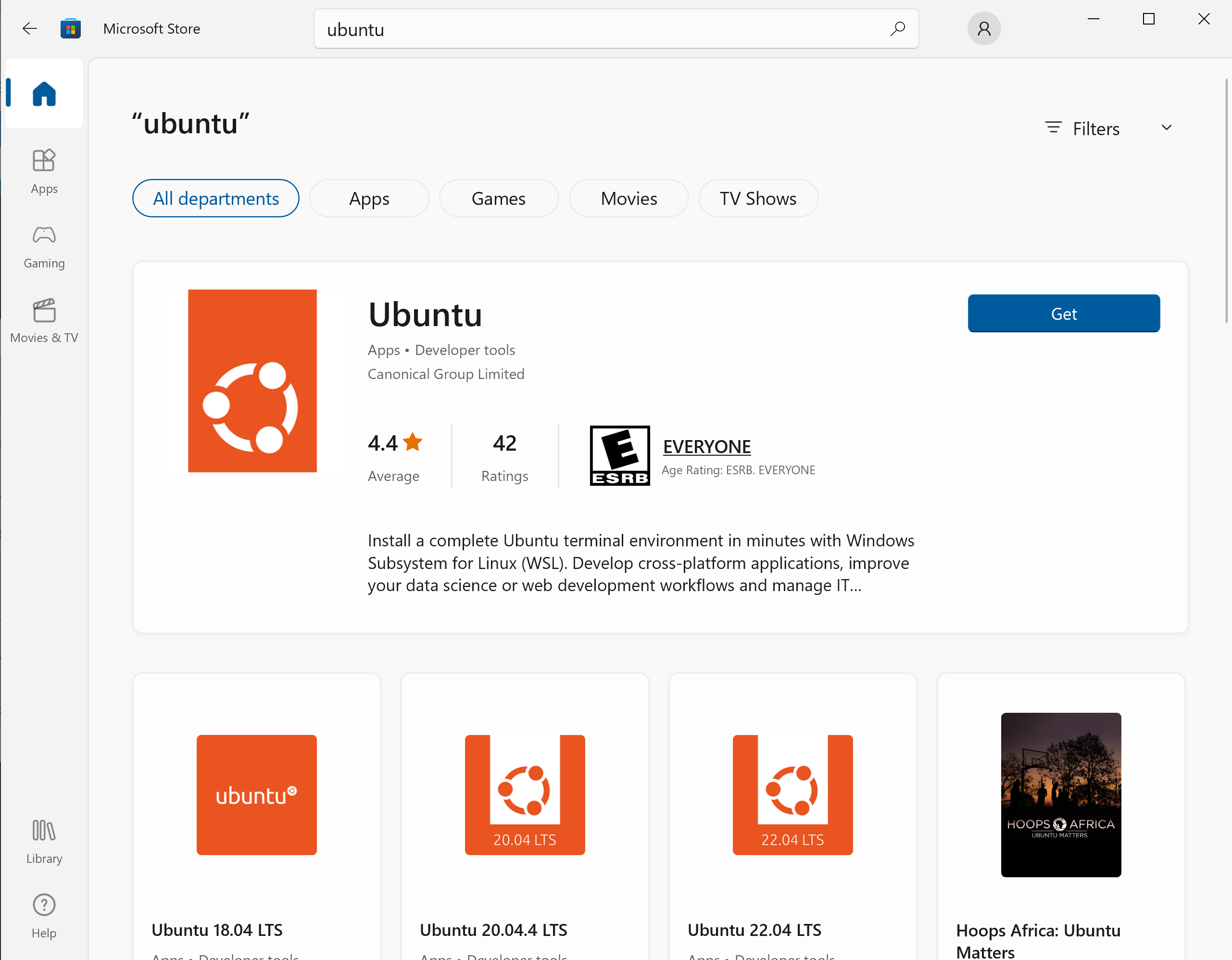 look for ubuntu in the microsoft store app