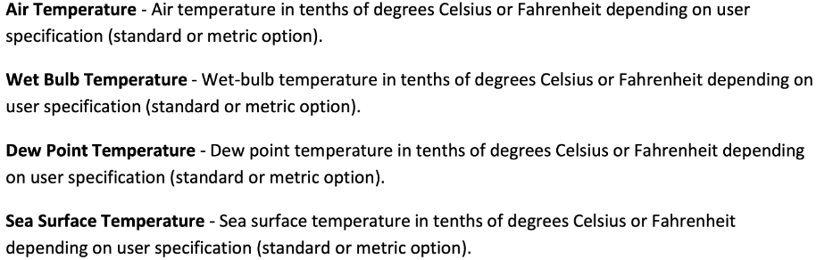 Global Marine Data documentation snippet indicating temperature measurements can be reported in Celcius or Fahrenheit depending on contributor preference.