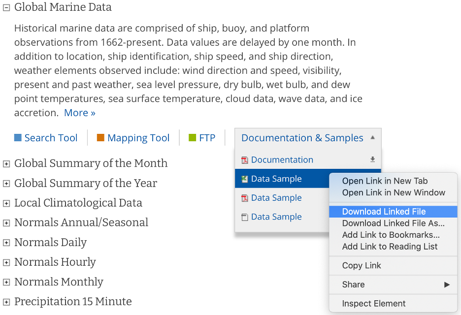 NOAA / NCEI Webpage for Global Marine Data sample data and documentation.