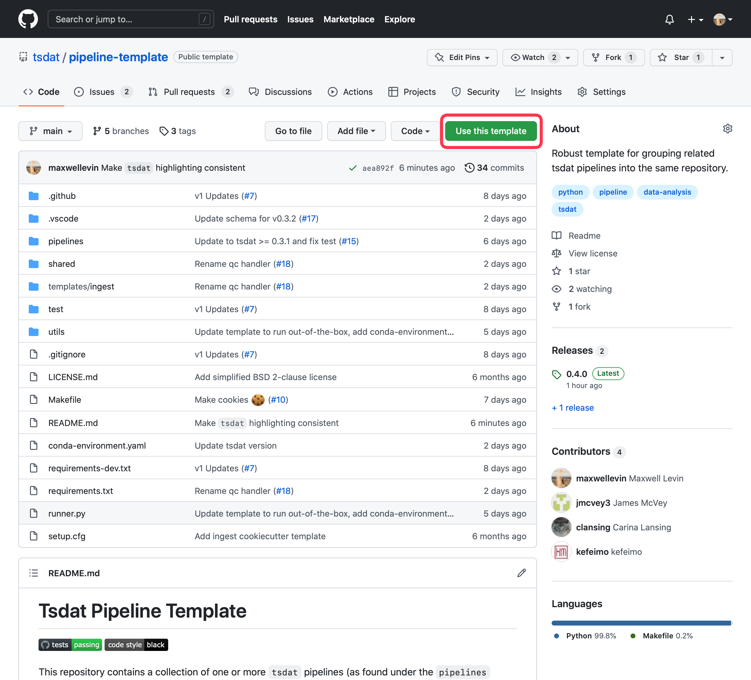 Screenshot of pipeline-template repo on github