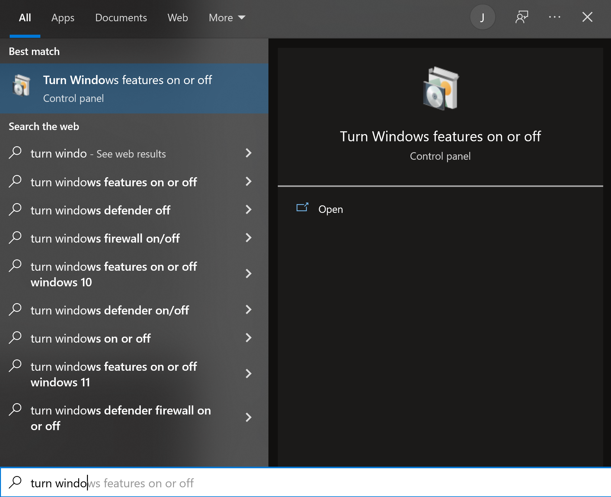turn windows features on or off