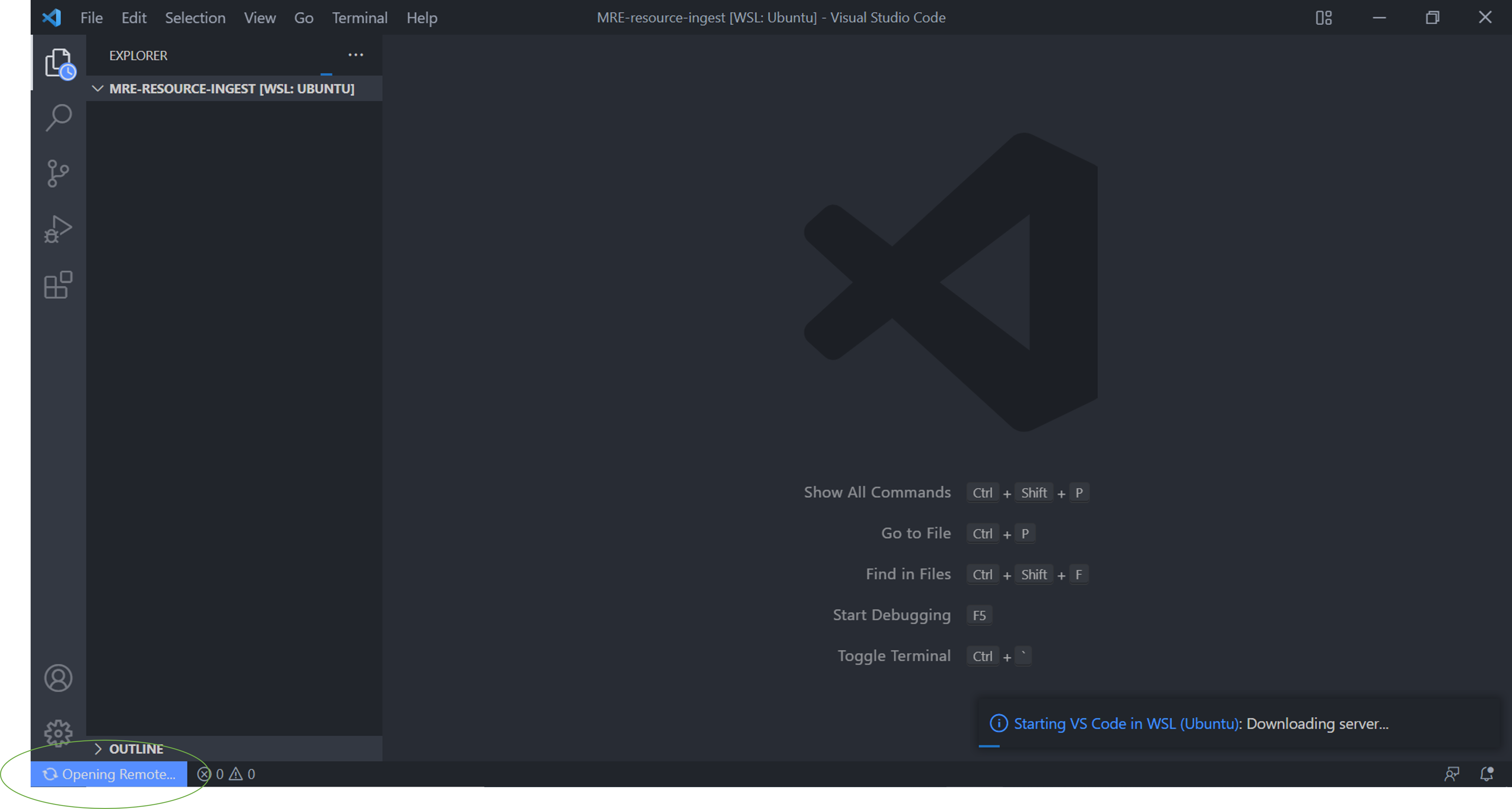 starting vs code in wsl...